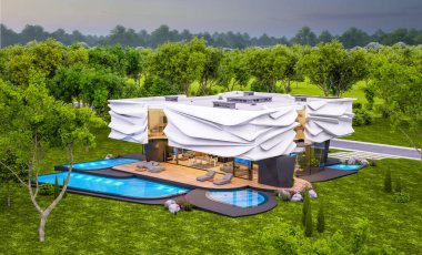 Biyonik doğal kıvrımları olan, park yeri ve havuzu satılık veya güzel manzaralı şirin, rahat, modern bir ev. Pencerenin sıcacık ışıklarıyla berrak bir yaz akşamı