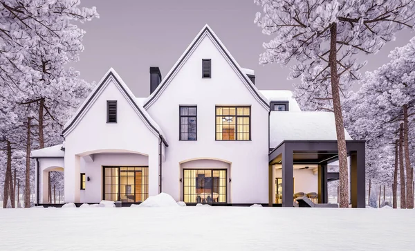 Рендеринг Симпатичного Уютного Белого Черного Современного Дома Стиле Тутси Парковкой — стоковое фото