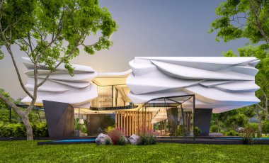 Biyonik doğal kıvrımları olan, park yeri ve havuzu satılık veya güzel manzaralı şirin, rahat, modern bir ev. Pencerenin sıcacık ışıklarıyla berrak bir yaz akşamı