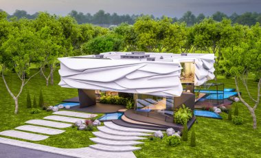 Biyonik doğal kıvrımları olan, park yeri ve havuzu satılık veya güzel manzaralı şirin, rahat, modern bir ev. Pencerenin sıcacık ışıklarıyla berrak bir yaz akşamı