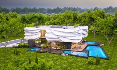 Biyonik doğal kıvrımları olan, park yeri ve havuzu satılık veya güzel manzaralı şirin, rahat, modern bir ev. Pencerenin sıcacık ışıklarıyla berrak bir yaz akşamı