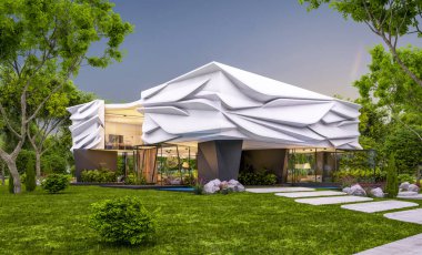 Biyonik doğal kıvrımları olan, park yeri ve havuzu satılık veya güzel manzaralı şirin, rahat, modern bir ev. Pencerenin sıcacık ışıklarıyla berrak bir yaz akşamı