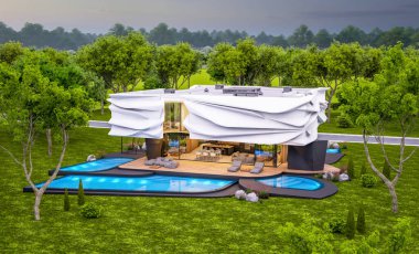 Biyonik doğal kıvrımları olan, park yeri ve havuzu satılık veya güzel manzaralı şirin, rahat, modern bir ev. Pencerenin sıcacık ışıklarıyla berrak bir yaz akşamı