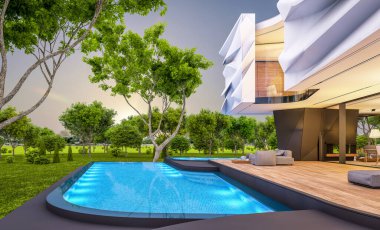 Biyonik doğal kıvrımları olan, park yeri ve havuzu satılık veya güzel manzaralı şirin, rahat, modern bir ev. Pencerenin sıcacık ışıklarıyla berrak bir yaz akşamı