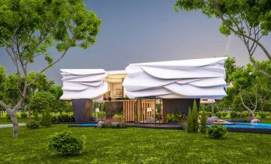 Biyonik doğal kıvrımları olan, park yeri ve havuzu satılık veya güzel manzaralı şirin, rahat, modern bir ev. Pencerenin sıcacık ışıklarıyla berrak bir yaz akşamı
