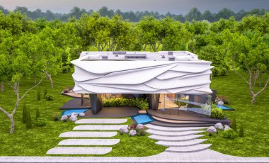 Biyonik doğal kıvrımları olan, park yeri ve havuzu satılık veya güzel manzaralı şirin, rahat, modern bir ev. Pencerenin sıcacık ışıklarıyla berrak bir yaz akşamı