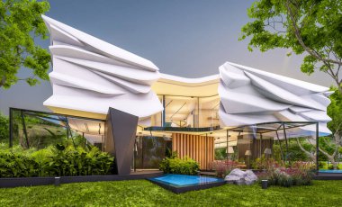 Biyonik doğal kıvrımları olan, park yeri ve havuzu satılık veya güzel manzaralı şirin, rahat, modern bir ev. Pencerenin sıcacık ışıklarıyla berrak bir yaz akşamı