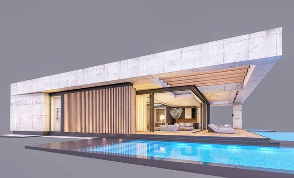 3D提供现代风格的新混凝土房屋 并设有泳池及停车场供出售或在晚上只租用一楼 在灰暗中被隔离 — 图库照片