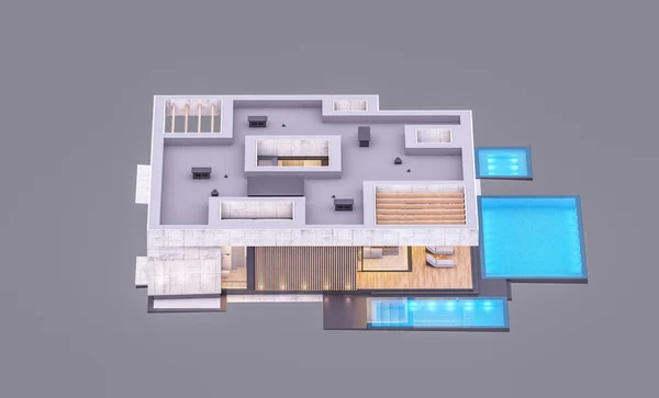 Rendering Nuova Casa Cemento Stile Moderno Con Piscina Parcheggio Vendita — Foto Stock