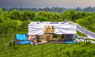 Biyonik doğal kıvrımları olan, park yeri ve havuzu satılık veya güzel manzaralı şirin, rahat, modern bir ev. Pencerenin sıcacık ışıklarıyla berrak bir yaz akşamı