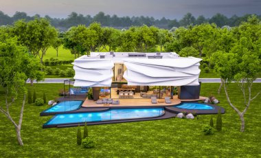 Biyonik doğal kıvrımları olan, park yeri ve havuzu satılık veya güzel manzaralı şirin, rahat, modern bir ev. Pencerenin sıcacık ışıklarıyla berrak bir yaz akşamı