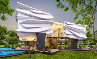 Biyonik doğal kıvrımları olan, park yeri ve havuzu satılık veya güzel manzaralı şirin, rahat, modern bir ev. Pencerenin sıcacık ışıklarıyla berrak bir yaz akşamı