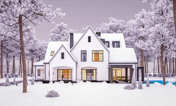 3D渲染可爱舒适的白色和黑色现代都铎风格的房子与停车场和游泳池出售或租金与美丽的景观 凉爽的冬夜 窗户里透出舒适的光线 — 图库照片
