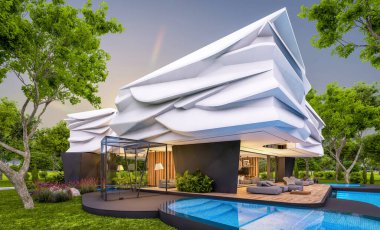 Biyonik doğal kıvrımları olan, park yeri ve havuzu satılık veya güzel manzaralı şirin, rahat, modern bir ev. Pencerenin sıcacık ışıklarıyla berrak bir yaz akşamı