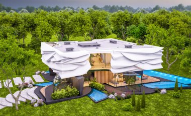 Biyonik doğal kıvrımları olan, park yeri ve havuzu satılık veya güzel manzaralı şirin, rahat, modern bir ev. Pencerenin sıcacık ışıklarıyla berrak bir yaz akşamı