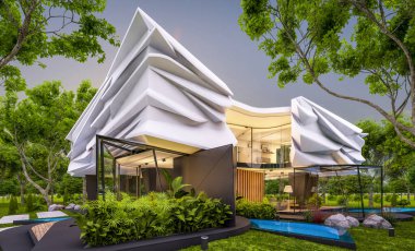 Biyonik doğal kıvrımları olan, park yeri ve havuzu satılık veya güzel manzaralı şirin, rahat, modern bir ev. Pencerenin sıcacık ışıklarıyla berrak bir yaz akşamı