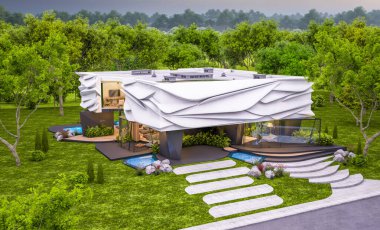 Biyonik doğal kıvrımları olan, park yeri ve havuzu satılık veya güzel manzaralı şirin, rahat, modern bir ev. Pencerenin sıcacık ışıklarıyla berrak bir yaz akşamı