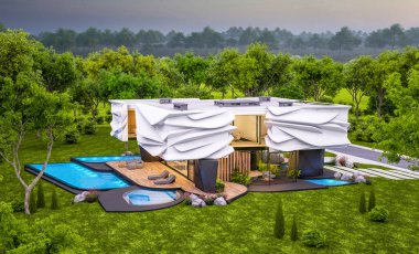 Biyonik doğal kıvrımları olan, park yeri ve havuzu satılık veya güzel manzaralı şirin, rahat, modern bir ev. Pencerenin sıcacık ışıklarıyla berrak bir yaz akşamı