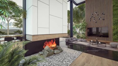 Üç boyutlu pahalı iç döşeme, yeşil duvarlar, canlı yemek alanı merdiveni ve kiralık mutfak. Ilık iç aydınlatma ve gece sokağındaki soğuk ışık birleşimi.