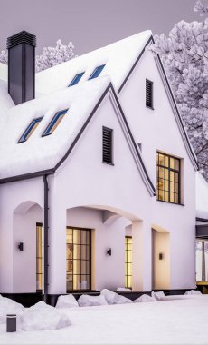 Üç boyutlu şirin, beyaz ve siyah, modern Tudor tarzı bir ev. Park yeri ve havuzu satılık ya da güzel peyzajlı. Serin bir kış akşamıydı pencerelerden gelen sıcak ışıkla