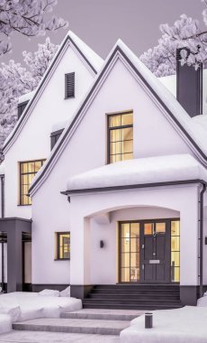 Üç boyutlu şirin, beyaz ve siyah, modern Tudor tarzı bir ev. Park yeri ve havuzu satılık ya da güzel peyzajlı. Serin bir kış akşamıydı pencerelerden gelen sıcak ışıkla