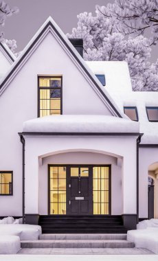 Üç boyutlu şirin, beyaz ve siyah, modern Tudor tarzı bir ev. Park yeri ve havuzu satılık ya da güzel peyzajlı. Serin bir kış akşamıydı pencerelerden gelen sıcak ışıkla