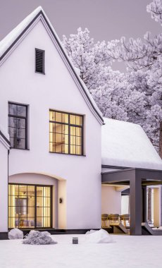 Üç boyutlu şirin, beyaz ve siyah, modern Tudor tarzı bir ev. Park yeri ve havuzu satılık ya da güzel peyzajlı. Serin bir kış akşamıydı pencerelerden gelen sıcak ışıkla