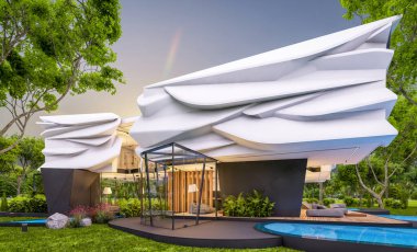 Biyonik doğal kıvrımları olan, park yeri ve havuzu satılık veya güzel manzaralı şirin, rahat, modern bir ev. Pencerenin sıcacık ışıklarıyla berrak bir yaz akşamı