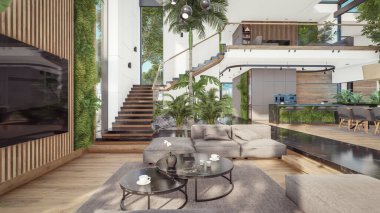 Üç boyutlu pahalı iç döşeme, yeşil duvarlar, canlı yemek alanı merdiveni ve kiralık mutfak. Pahalı mobilyaları, ekipmanları ve çiçekleri olan geniş daireler.