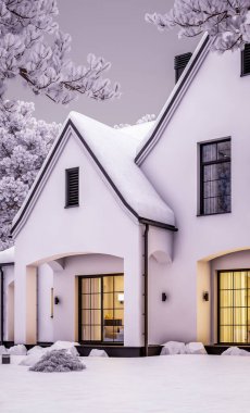 Üç boyutlu şirin, beyaz ve siyah, modern Tudor tarzı bir ev. Park yeri ve havuzu satılık ya da güzel peyzajlı. Serin bir kış akşamıydı pencerelerden gelen sıcak ışıkla