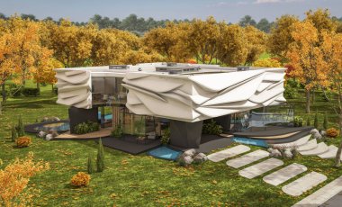 Biyonik doğal kıvrımları olan, park yeri ve havuzu satılık veya güzel manzaralı şirin, rahat, modern bir ev. Güneşli bir sonbahar günü, her yerde altın yapraklar