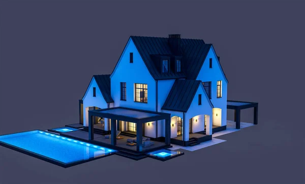 3D渲染可爱舒适的白色和黑色现代都铎风格的房子与停车场和游泳池出售或租金与美丽的景观 仙女们的屋顶在漆黑的黑夜里 — 图库照片