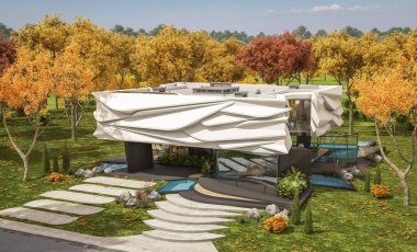 Biyonik doğal kıvrımları olan, park yeri ve havuzu satılık veya güzel manzaralı şirin, rahat, modern bir ev. Güneşli bir sonbahar günü, her yerde altın yapraklar