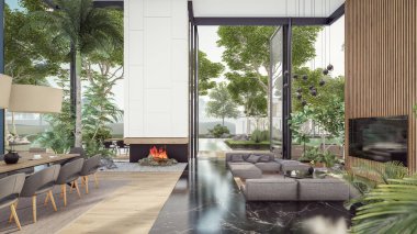 Üç boyutlu pahalı iç döşeme, yeşil duvarlar, canlı yemek alanı merdiveni ve kiralık mutfak. Pahalı mobilyaları, ekipmanları ve çiçekleri olan geniş daireler.