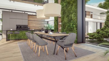 Üç boyutlu pahalı iç döşeme, yeşil duvarlar, canlı yemek alanı merdiveni ve kiralık mutfak. Pahalı mobilyaları, ekipmanları ve çiçekleri olan geniş daireler.