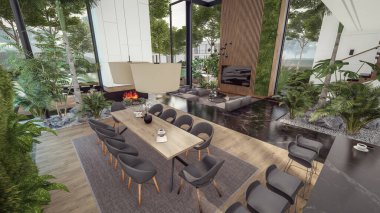 Üç boyutlu pahalı iç döşeme, yeşil duvarlar, canlı yemek alanı merdiveni ve kiralık mutfak. Pahalı mobilyaları, ekipmanları ve çiçekleri olan geniş daireler.