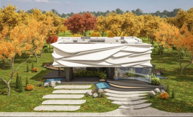 Biyonik doğal kıvrımları olan, park yeri ve havuzu satılık veya güzel manzaralı şirin, rahat, modern bir ev. Güneşli bir sonbahar günü, her yerde altın yapraklar