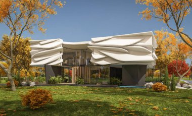 Biyonik doğal kıvrımları olan, park yeri ve havuzu satılık veya güzel manzaralı şirin, rahat, modern bir ev. Güneşli bir sonbahar günü, her yerde altın yapraklar