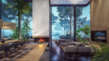 Üç boyutlu pahalı iç döşeme, yeşil duvarlar, canlı yemek alanı merdiveni ve kiralık mutfak. Ilık iç aydınlatma ve gece sokağındaki soğuk ışık birleşimi.