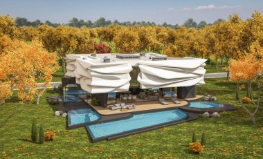 Biyonik doğal kıvrımları olan, park yeri ve havuzu satılık veya güzel manzaralı şirin, rahat, modern bir ev. Güneşli bir sonbahar günü, her yerde altın yapraklar