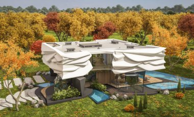 Biyonik doğal kıvrımları olan, park yeri ve havuzu satılık veya güzel manzaralı şirin, rahat, modern bir ev. Güneşli bir sonbahar günü, her yerde altın yapraklar