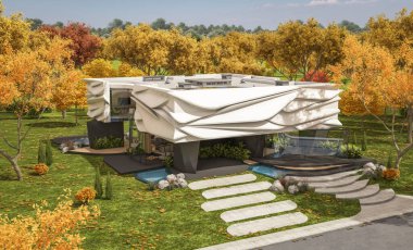 Biyonik doğal kıvrımları olan, park yeri ve havuzu satılık veya güzel manzaralı şirin, rahat, modern bir ev. Güneşli bir sonbahar günü, her yerde altın yapraklar