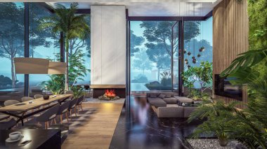 Üç boyutlu pahalı iç döşeme, yeşil duvarlar, canlı yemek alanı merdiveni ve kiralık mutfak. Ilık iç aydınlatma ve gece sokağındaki soğuk ışık birleşimi.