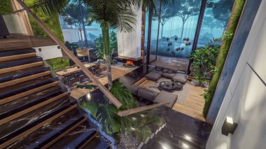 Üç boyutlu pahalı iç döşeme, yeşil duvarlar, canlı yemek alanı merdiveni ve kiralık mutfak. Ilık iç aydınlatma ve gece sokağındaki soğuk ışık birleşimi.