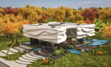 Biyonik doğal kıvrımları olan, park yeri ve havuzu satılık veya güzel manzaralı şirin, rahat, modern bir ev. Güneşli bir sonbahar günü, her yerde altın yapraklar