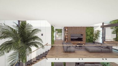 Üç boyutlu pahalı iç döşeme, yeşil duvarlar, canlı yemek alanı merdiveni ve kiralık mutfak. Pahalı mobilyaları, ekipmanları ve çiçekleri olan geniş daireler.