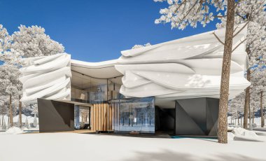 Biyonik doğal kıvrımları olan, park yeri ve havuzu satılık veya güzel manzaralı şirin, rahat, modern bir ev. Parlak beyaz karlı serin bir kış günü