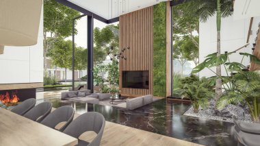 Üç boyutlu pahalı iç döşeme, yeşil duvarlar, canlı yemek alanı merdiveni ve kiralık mutfak. Pahalı mobilyaları, ekipmanları ve çiçekleri olan geniş daireler.