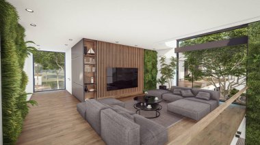 3d rendering of expensive cozy interior with green walls with living dining zone stair and kitchen for sale or rent. Spacious apartments with expensive furniture, equipment and flowers clipart