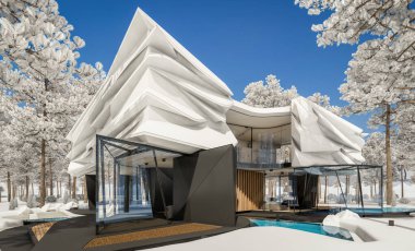 Biyonik doğal kıvrımları olan, park yeri ve havuzu satılık veya güzel manzaralı şirin, rahat, modern bir ev. Parlak beyaz karlı serin bir kış günü